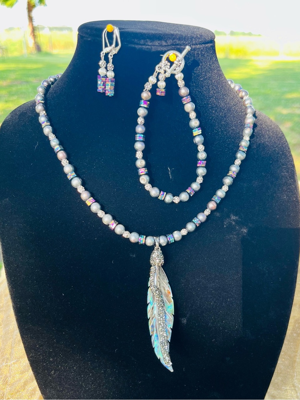 Silver Bead Feather Pendant Necklace Set - Multicolor Accent